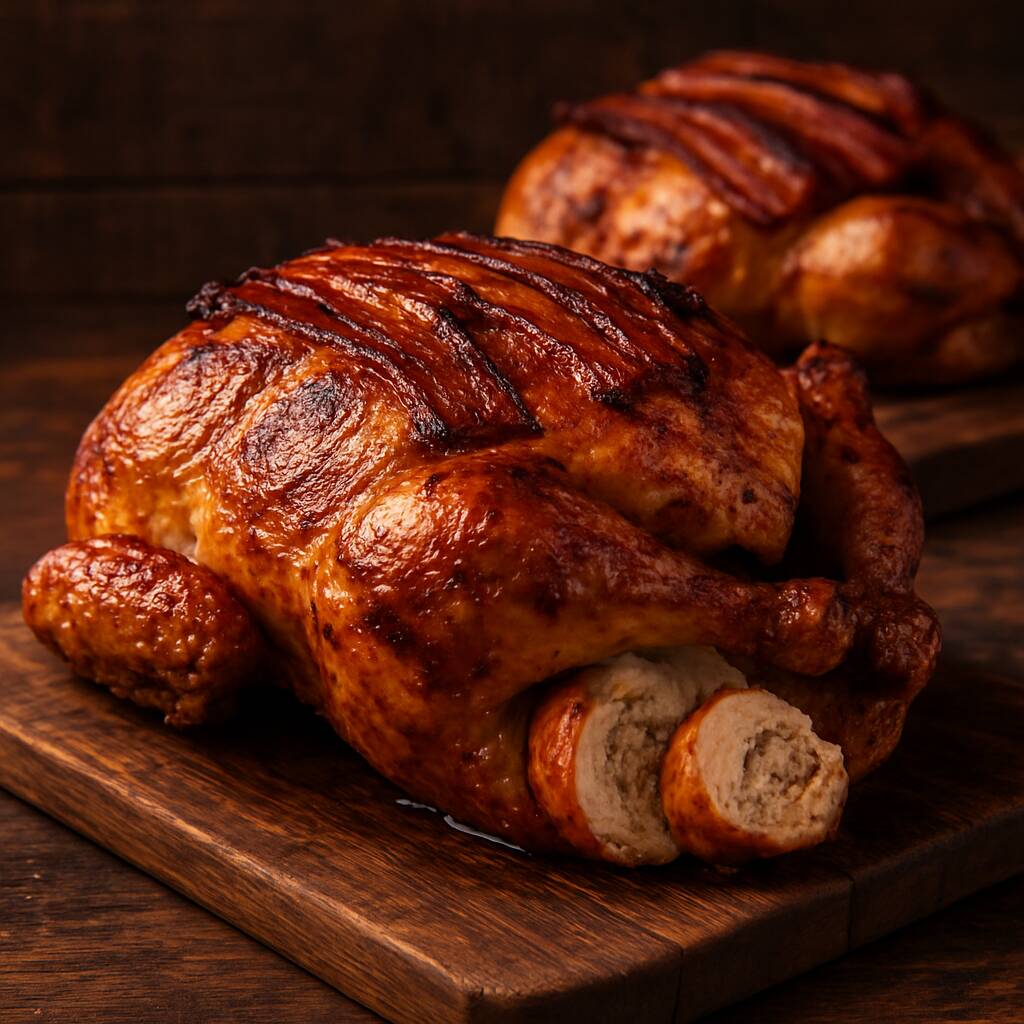 Um frango inteiro preparado com a nossa marinada exclusiva de bacon defumado, que envolve a ave por horas, trazendo aroma profundo e sabor marcante sem perder a elegância. Assado lentamente até atingir pele dourada e carne extremamente suculenta. No interior, um generoso medalhão de frango recheado — macio, delicado e impregnado pelos sabores da marinada. Uma combinação sofisticada de técnicas artesanais, textura perfeita e intensidade equilibrada, criada para transformar o clássico frango assado em uma experiência especial.