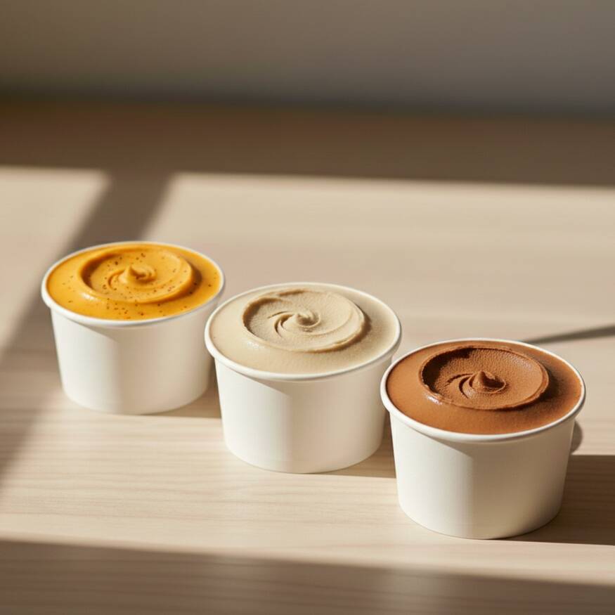 Gelato Trio – 720 ml. Escolha até 3 sabores. Ideal para dividir ou experimentar mais sabores.