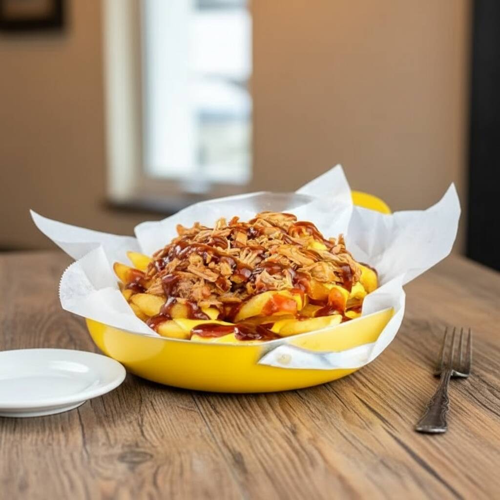 200g de batata, cheddar cremoso, pulled pork desfiado e bbq (carne suína)