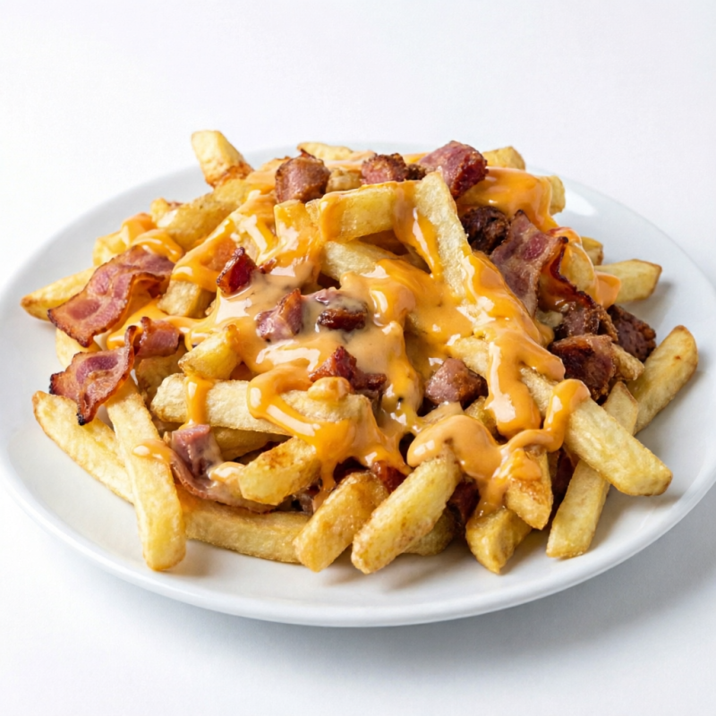 250g de uma delíciosa porção de batata frita bem crocante com bacon e calabresa frito e tostadinho e um maravilho creme chedar