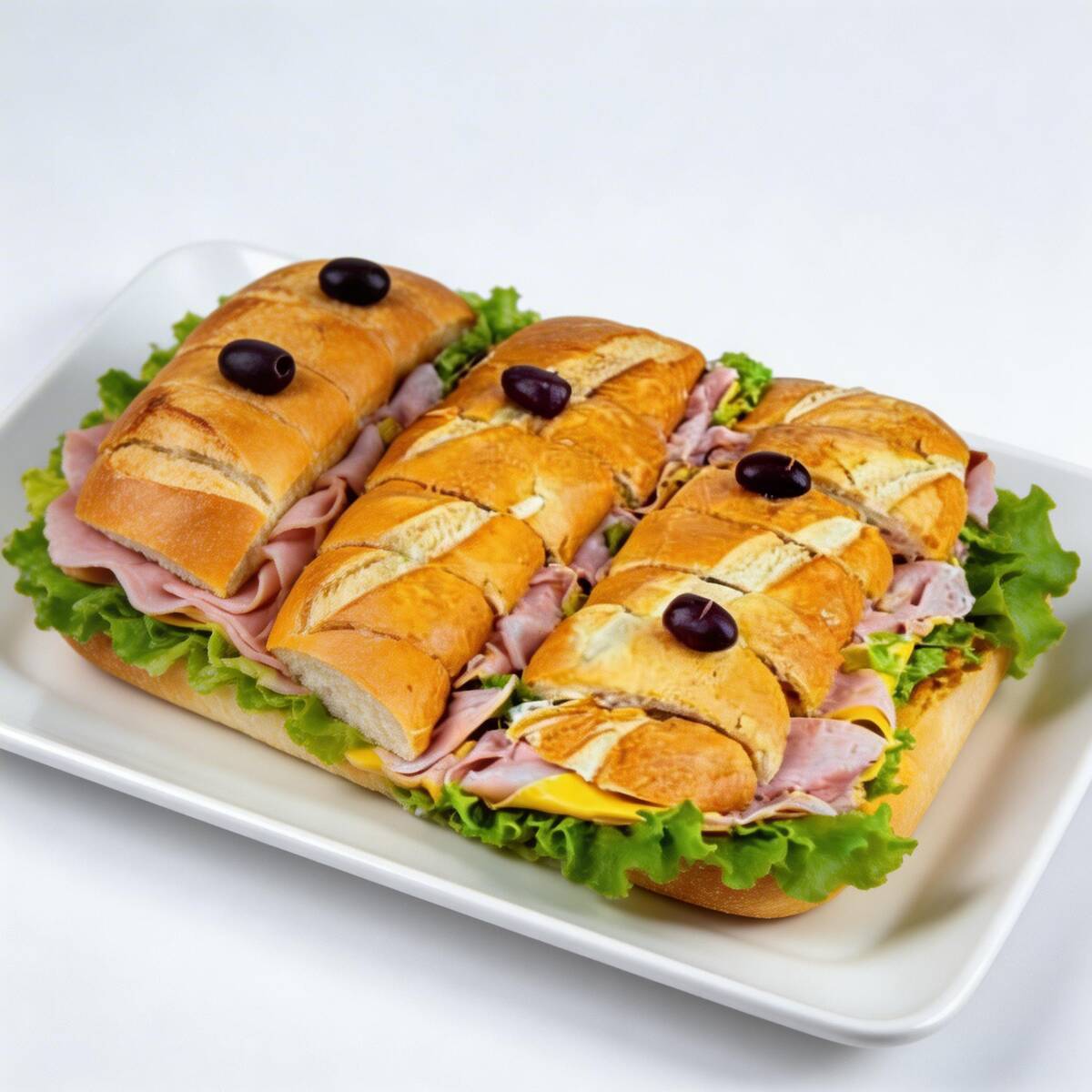 Presunto, queijo prato, alface, tomate e maionese, cada lanche serve aproximadamente 10 pessoas (18 pedaços)Por ser preparado na hora do pedido o tempo de entrega é 40 a 60 min alem do tempo usual. Usamos a caixa quadra por questao de logistica, nao usamos mais o outro modelo.