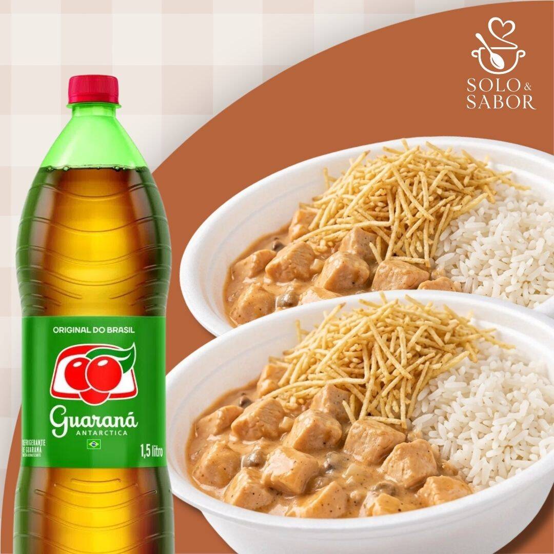 Combo para compartilhar, com 2 marmitas grandes de strogonoff de frango (aprox. 550g cada uma) + 1 Refrigerante de 1,5L. Obs.: Pode haver variação no tipo de embalagem, porém a quantidade sempre será honrada.