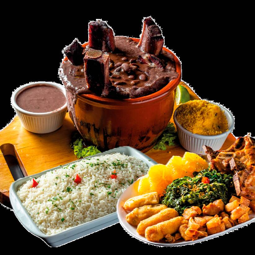 Arroz branco, feijão preto, costelinha, linguiça paio, torresmo, bisteca, carne seca, farofa, couve refogada e banana à milanesa
