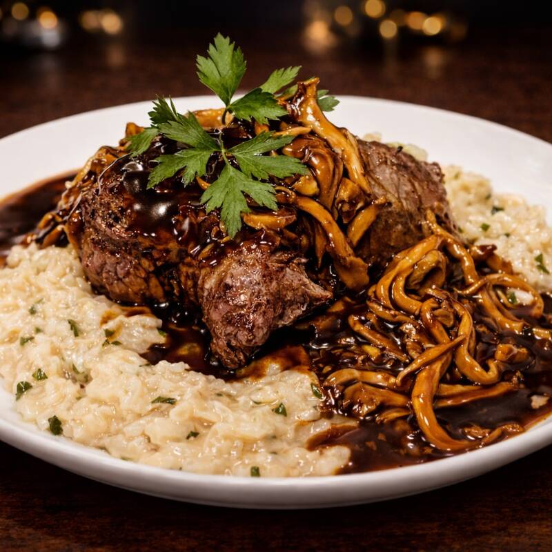 Risoto de Shimeji com Filé Mignon Arroz cremoso e delicado com shimeji fresco , acompanhado de suculento medalhão de filé mignon de aproximadamente 200g , finalizado com toque de manteiga e parmesão para realçar todos os sabores. Um prato sofisticado, elegante e cheio de aroma e textura, perfeito para quem busca uma experiência gastronômica única!