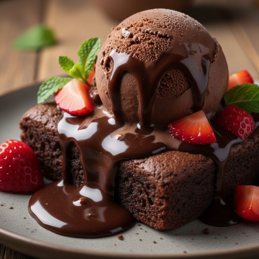 Brownie, ganache, morango e sorvete de chocolate