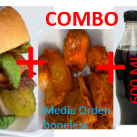 Hamburgesa Especial y papas+media boneless+bebida