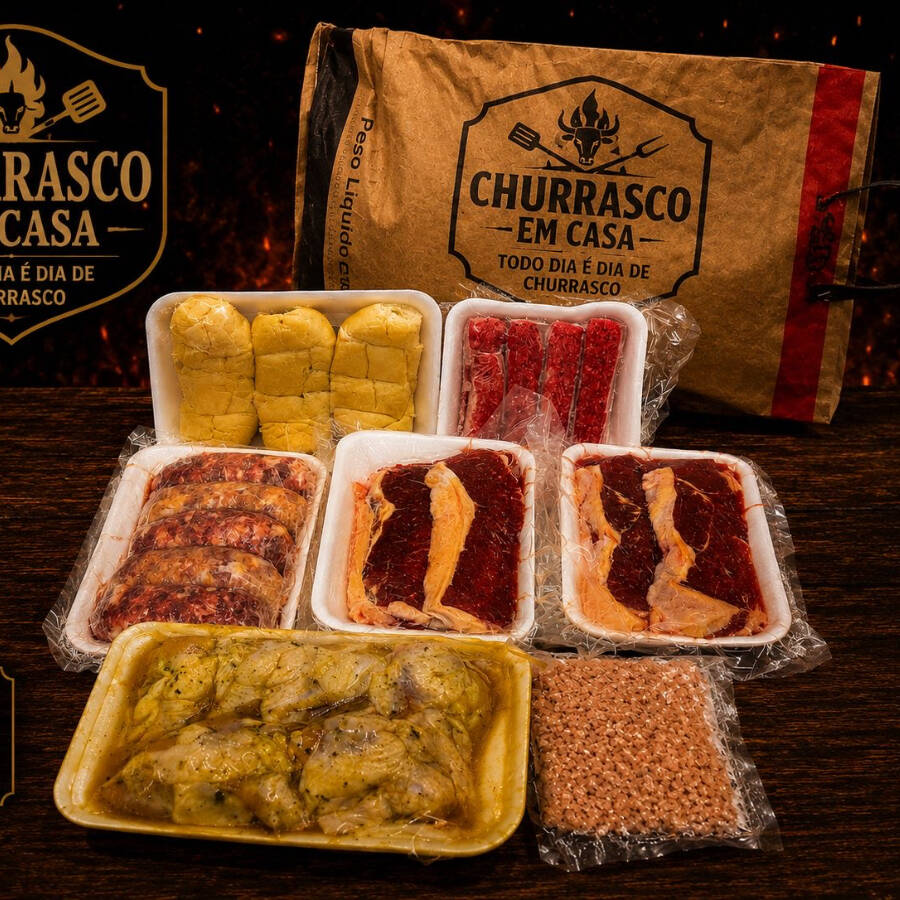 1 Kg Contra filé, 500g Asa Gourmet, 500g Linguiça Toscana, 1 Bandeja de pão de alho, 1 Bandeja de linguiça mineira, Sal grosso, acendedor e carvão.