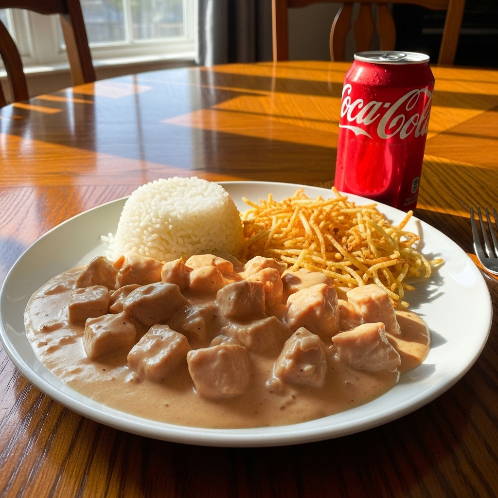 Nosso strogonoff de frango, cremoso e delicioso, servido com arroz branco soltinho e a sua escolha entre batata palha ou batatas fritas crocantes. Escolha uma bebida de sua preferência.