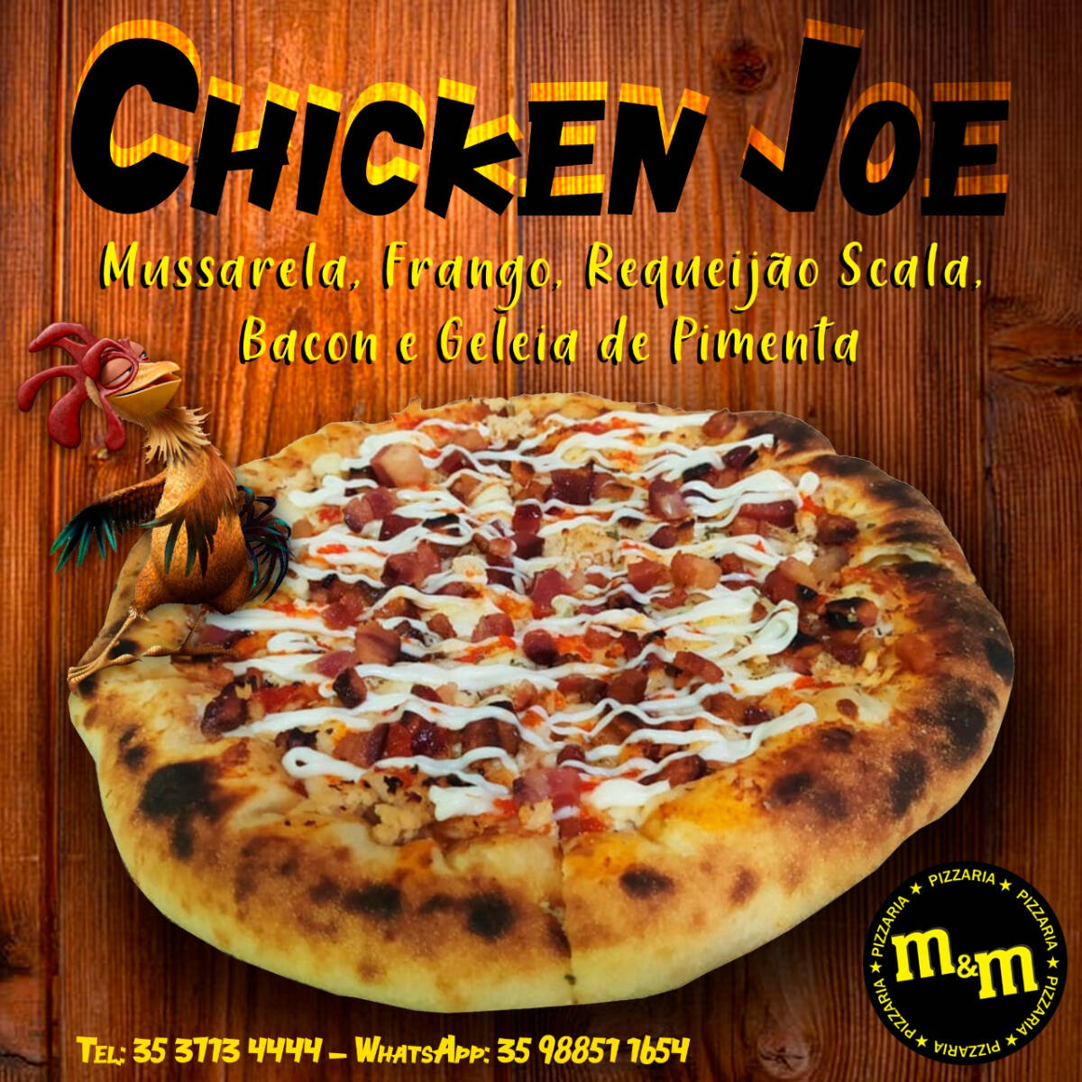 Molho de tomate da casa, mussarela, filé de frango desfiado e temperado, requeijão scala, bacon, geleia de pimenta caseira e orégano.