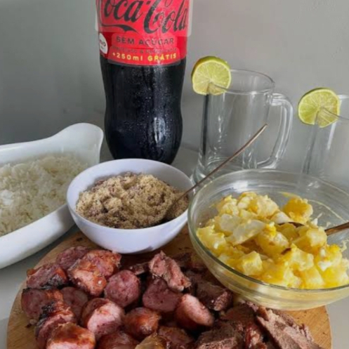 Churrasco 1kg + 2 arroz grande + maionese + molho e farofa + guaraná 2L