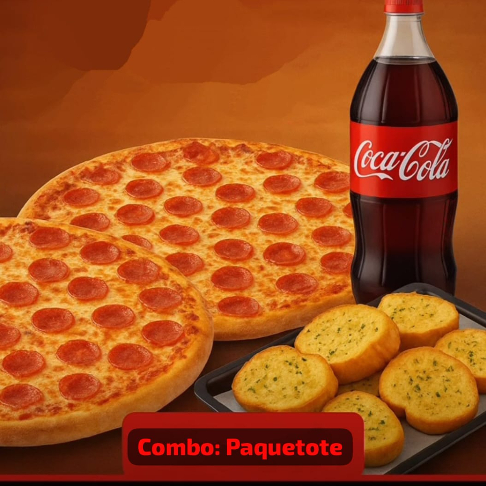 Combo: Un Paquetote (2 Pizzas, refresco y panes)