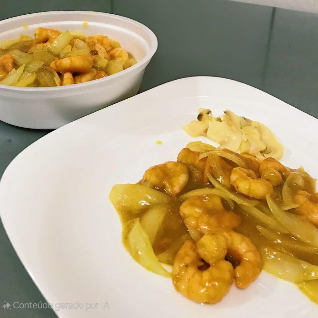 Camarão com cebola e cogumelo ao molho curry apimentado.