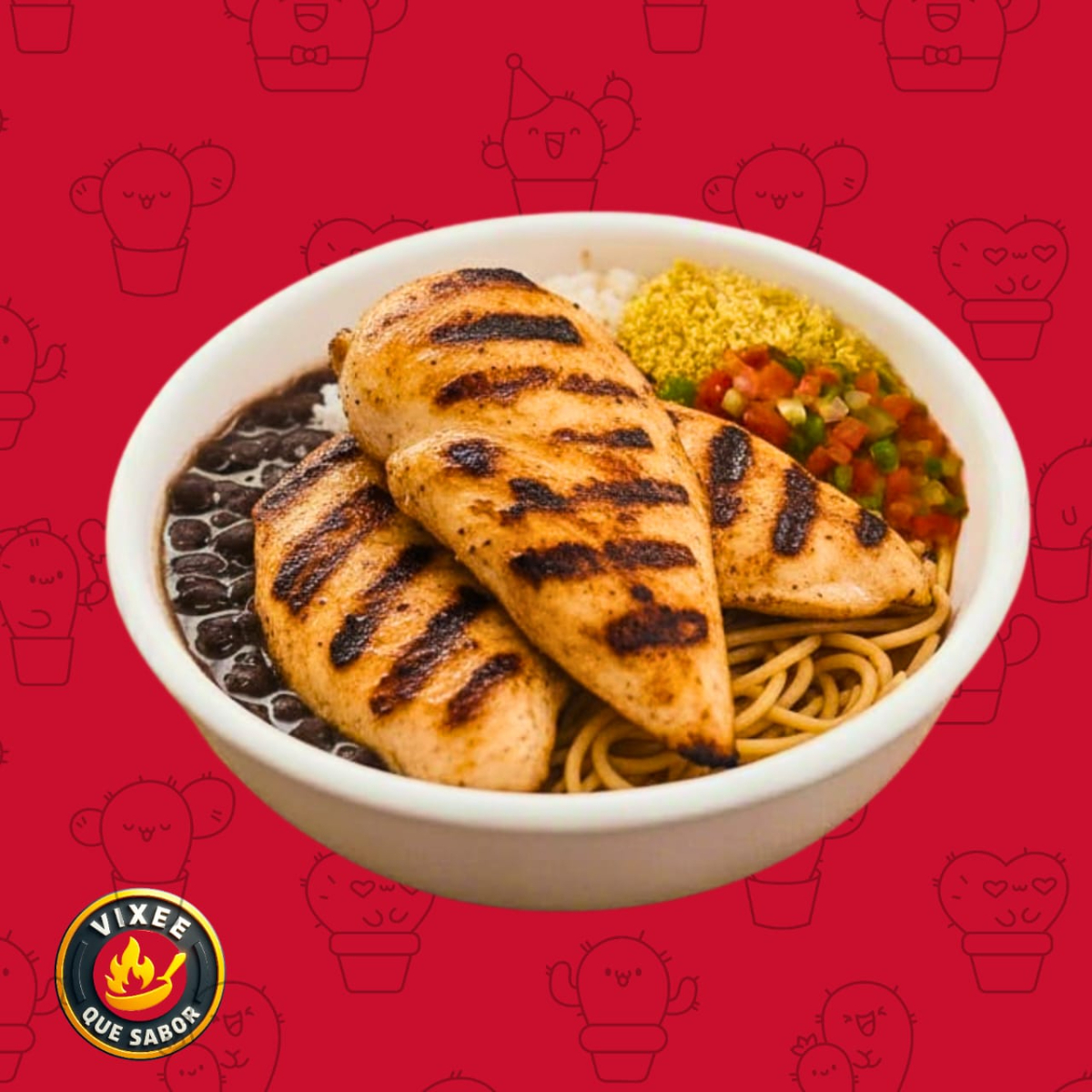 Filé de frango, arroz, feijão preto, macarrão, vinagrete e farofinha.