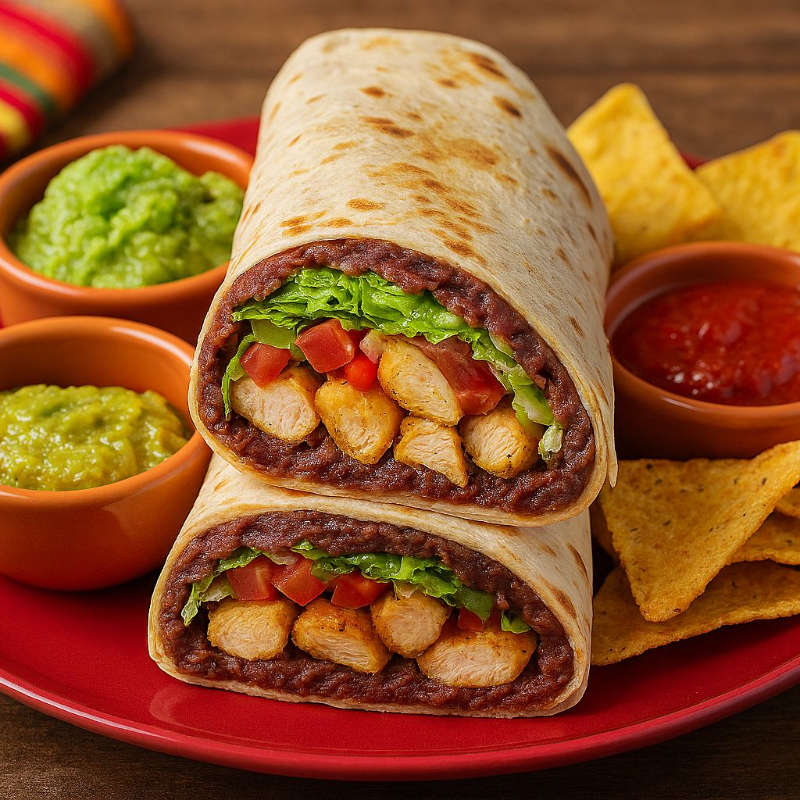 Tortilla de trigo grande, com muito recheio de chilli beans ( carne moída com feijão ), arroz a moda mexicana, carne desfiada, cheddar, sour crean, salsa roja, guacamole, queijo mussarela e alface.