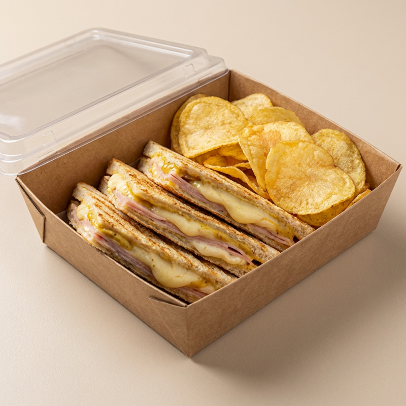 Tostex no pão de forma tostado de peito de peru e queijo mussarela derretido, requeijão, molho mostarda e batata chips de acompanhamento.