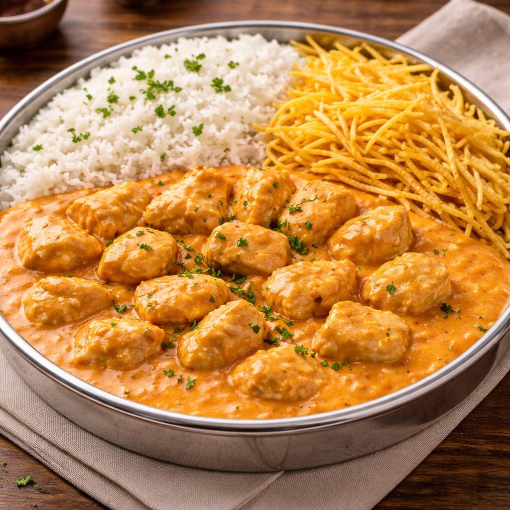 Estrogonofe de frango cremoso com champignon, servido com arroz e batata palha crocante.