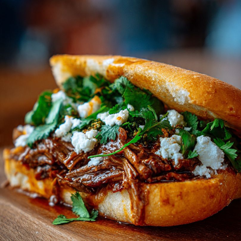Torta de Birria con Quesillo y Vaso de Consomé