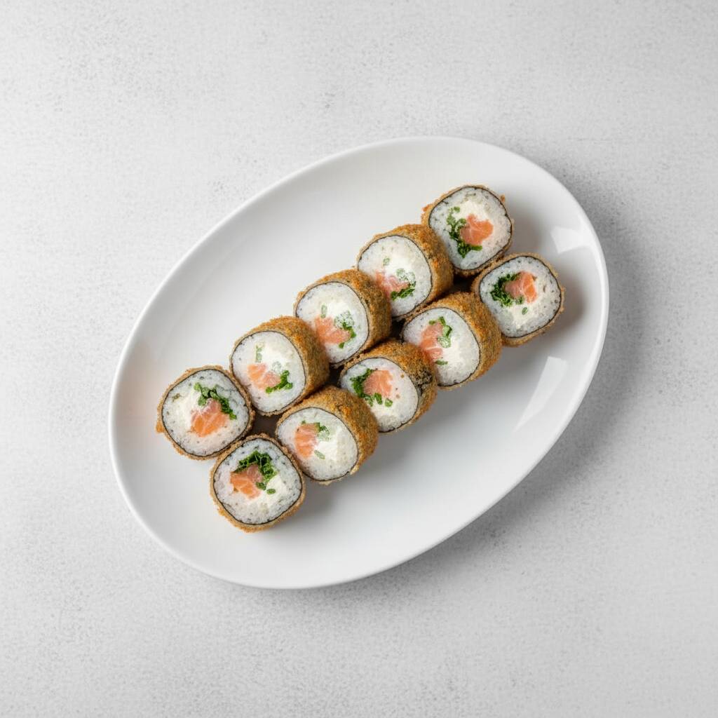 Sushi empanado na farinha panko, com recheio de salmão, cream cheese, cebolinha e molho tarê