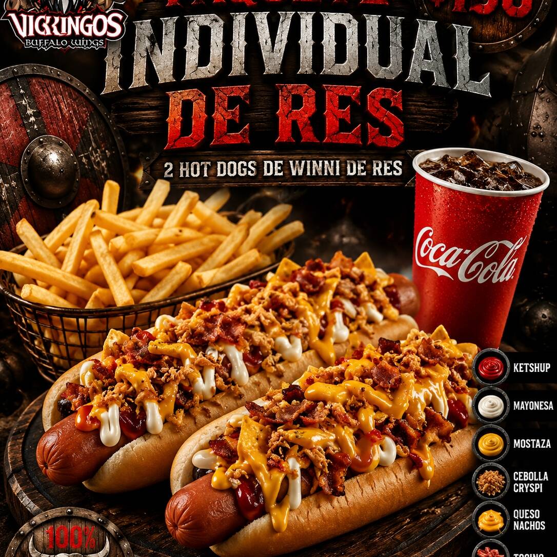 PAQUETE DE2 HOTDOGS DE RES+ 1/2 PAPA+ SODA