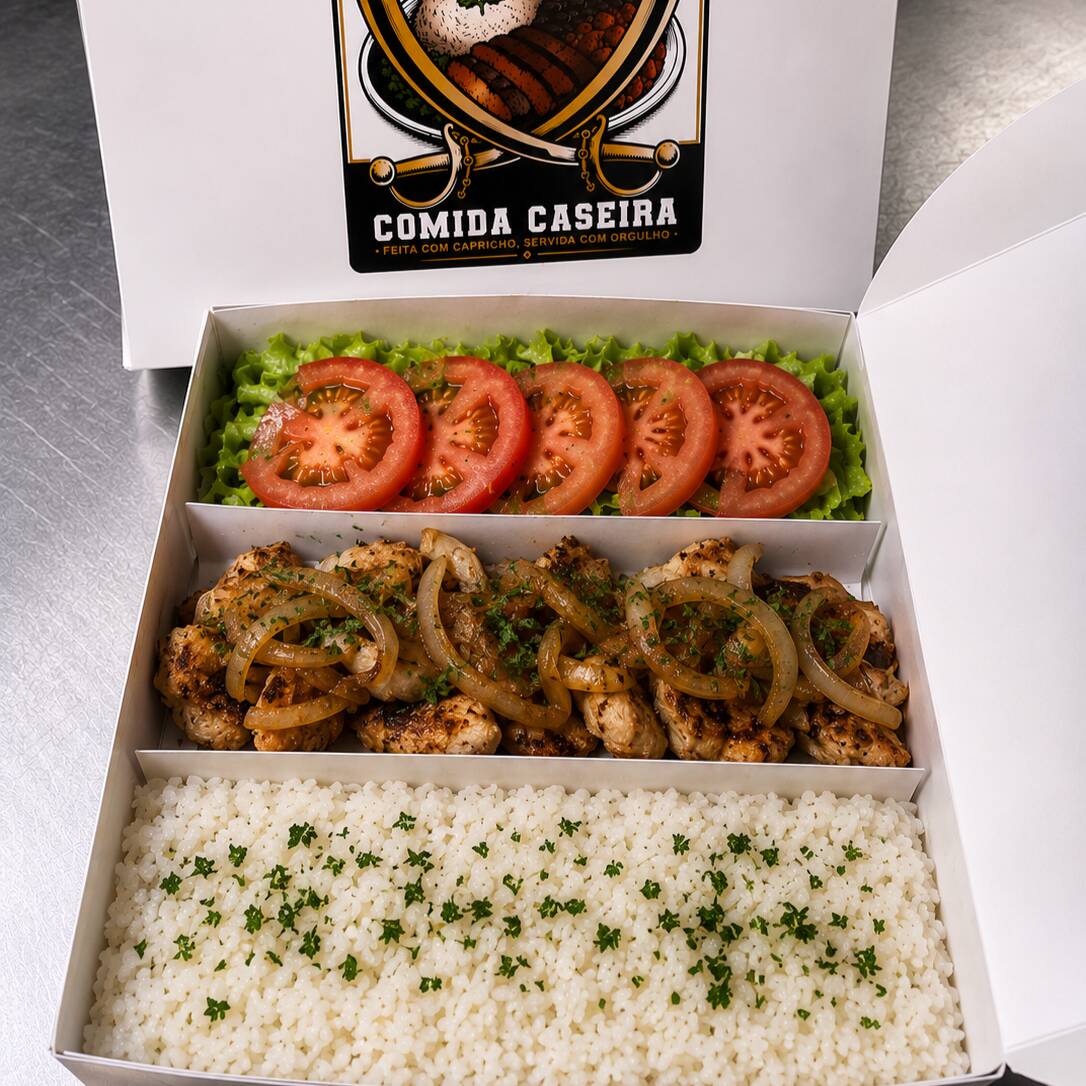 O clássico que nunca sai de moda! Arroz soltinho, feijão carioca temperado no ponto certo, filé de frango grelhado suculento e uma salada fresca de alface e tomate para completar a refeição. Um prato leve, saboroso e perfeito para qualquer hora do dia.