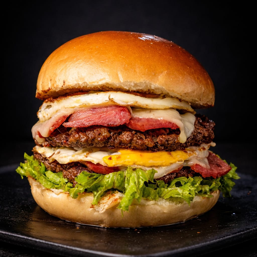 Pão, 2x carne 100g, ovo, 2x calabresa ,salada