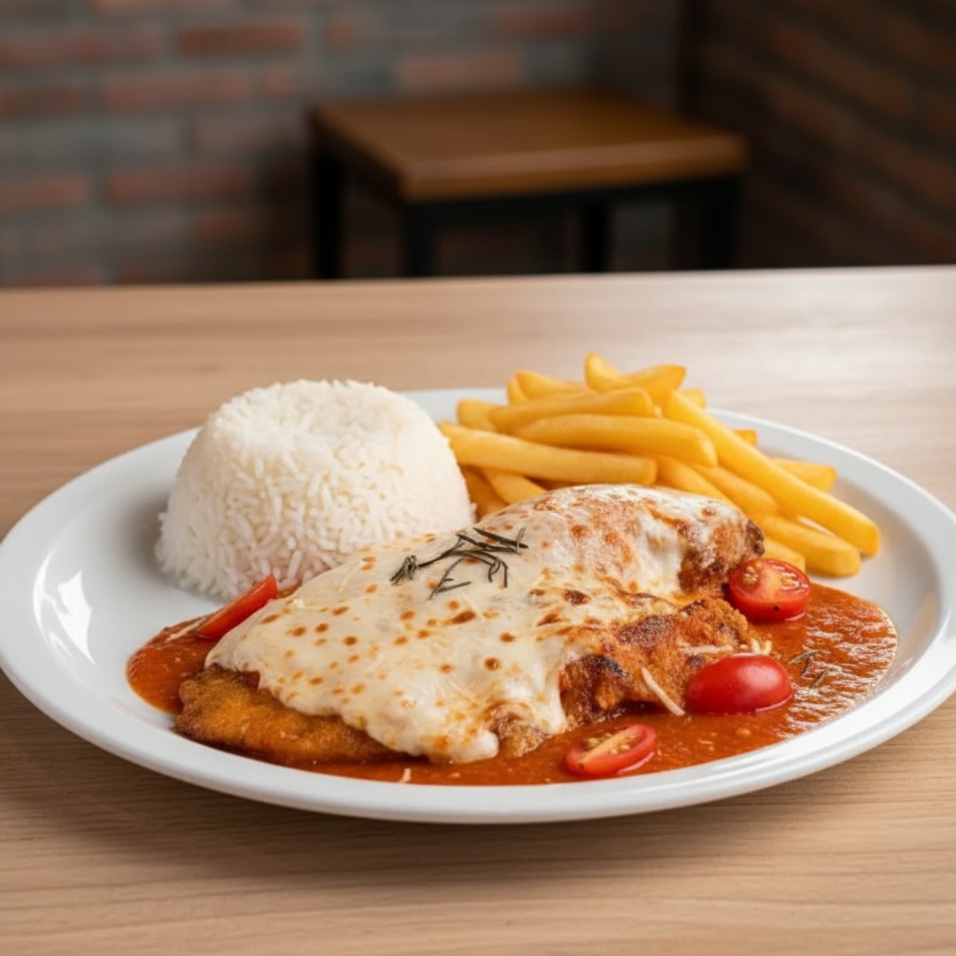Delicioso prato para sua refeição, filé de frango à parmegiana, coberto por molho de tomate artesanal, mussarela gratinada, acompanha arroz branco e batatas fritas. _ _#comida#marmita#gratis#marmizap#desconto#frete#gratis#Marmitas