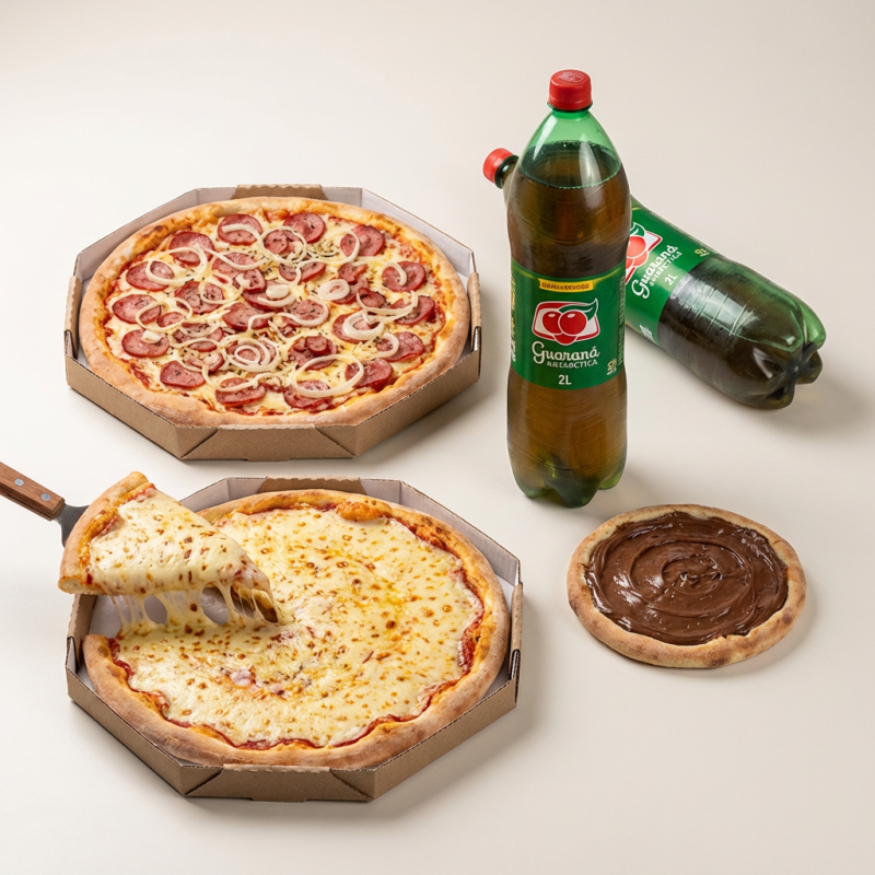 esse combo vem composto de 2 deliciosas pizzas de mussarela, calabresa 1 broto doce e um guarana antartica de 2 L