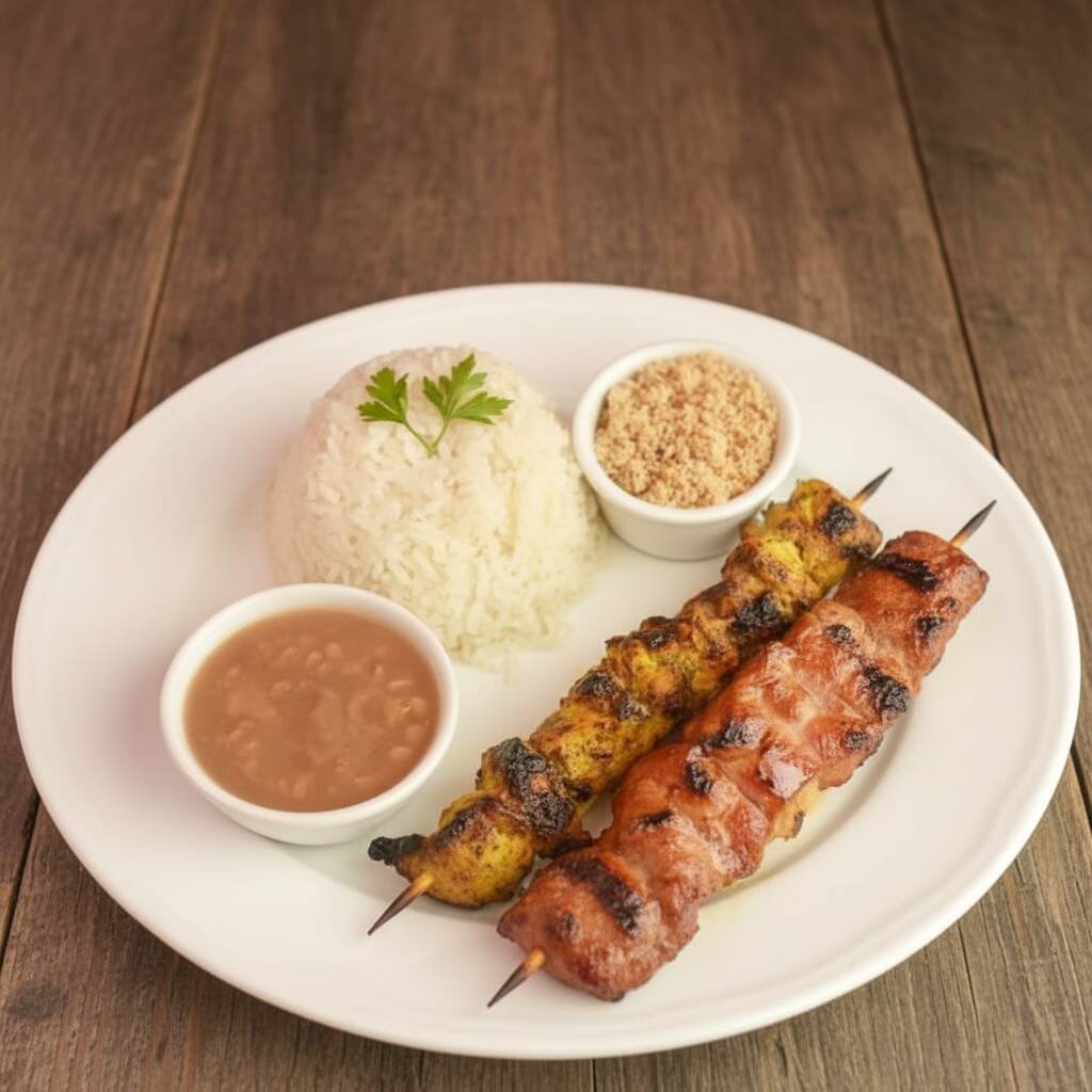 Espeto Bovino, Espeto Frango e linguiça , acompanhados de Arroz, Feijão, Legumes Sate,