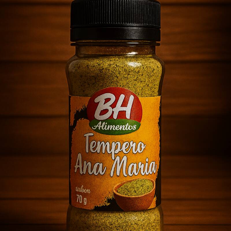 Frasco plástico com 70g de Tempero Ana Maria - Linha Premium.