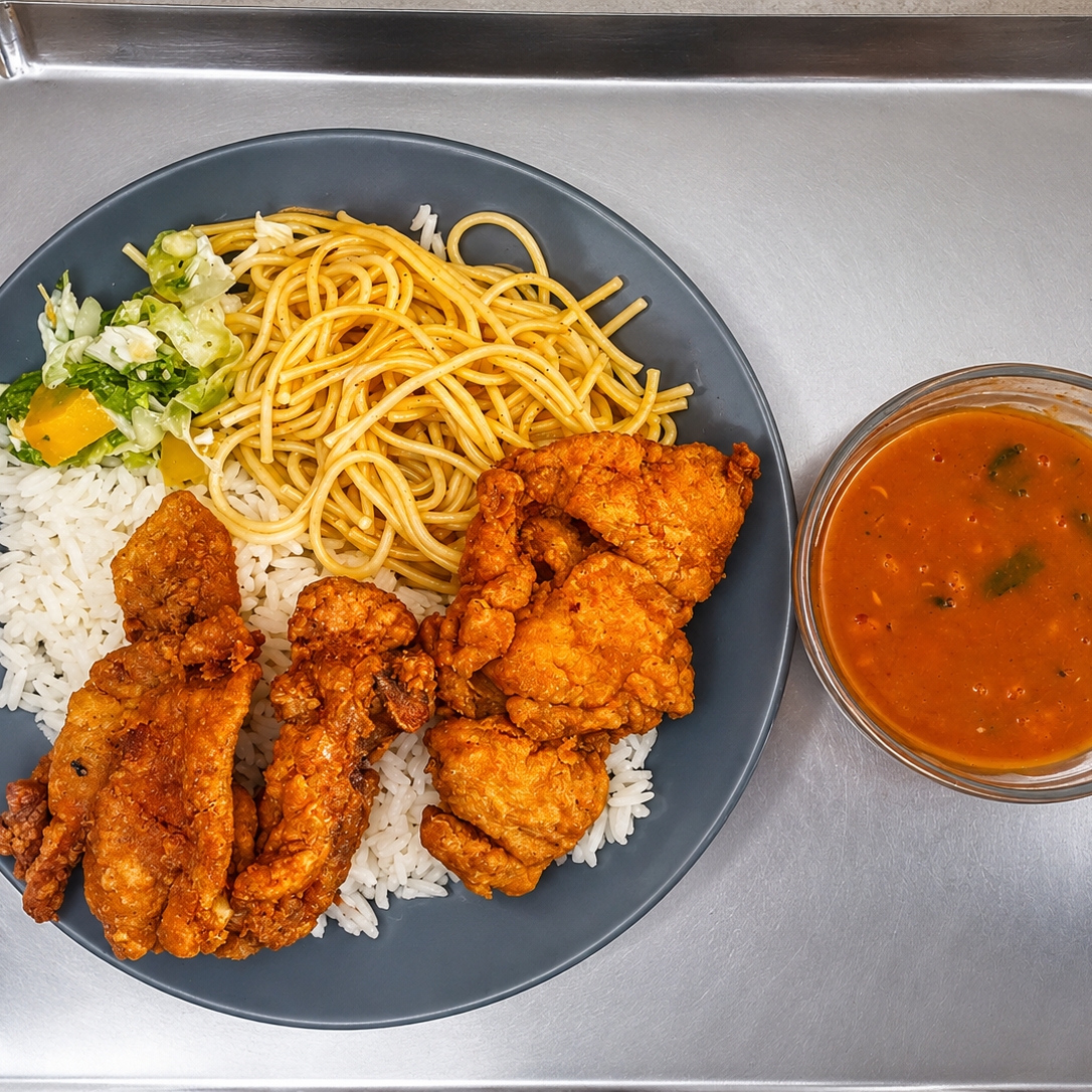 Delicioso frango empanado. Acompanhado de Baião ou Arroz e Feijão, macarrão, salada e farofa.