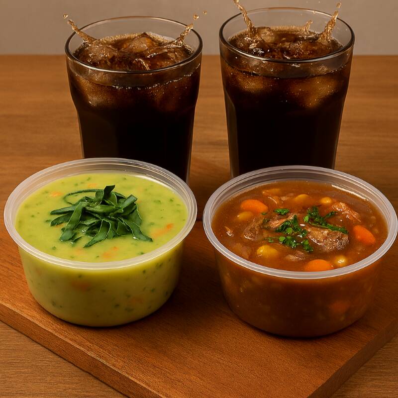 Escolha dois caldos e duas bebidas disponíveis no cardápio e envie suas escolhas pelo chat. Vem economizar!!