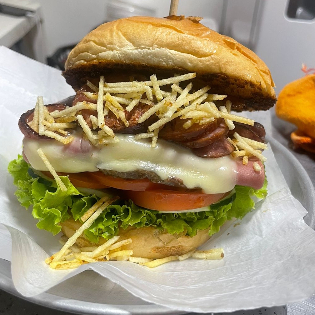 Pão, carne, queijo, presunto, calabresa, salada e batata palha