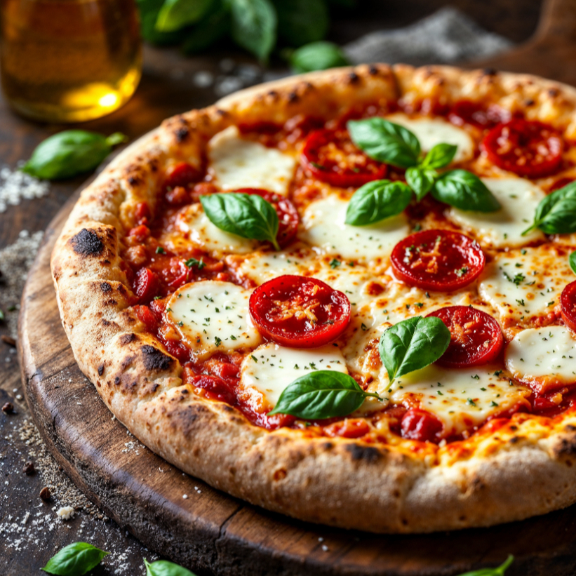 Mussarela, tomate, molho de tomate e manjericão.