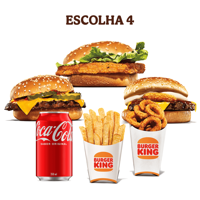 Monte sua oferta com 4 itens, entre eles: Cheeseburger, Chicken jr, Rodeio, Batata Média, Onion Rings Média e Bebida.