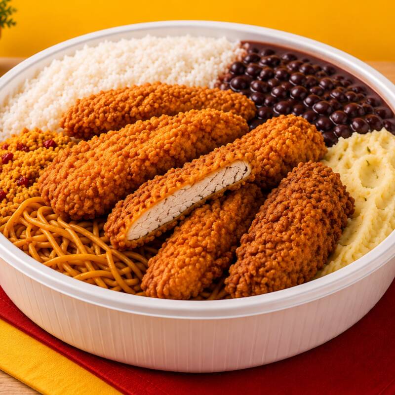 Marmita completa com tiras de frango crocante douradas e suculentas, arroz, feijão e acompanhamentos selecionados. Combinação perfeita de crocância e sabor, entre os pratos favoritos dos clientes DamiFoods.
Marmita completa ideal para almoço ou jantar com sabor caseiro e excelente custo-benefício.