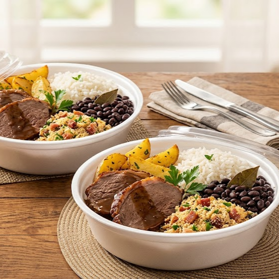 2 refeições de batata corada com arroz, feijão e farofinha + Suco delvalle de laranja de 1 litro