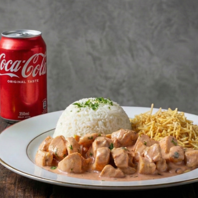 Cubos de frango macios no molho cremoso e bem temperado, servidos com arroz soltinho e batata palha crocante. Clássico irresistível.