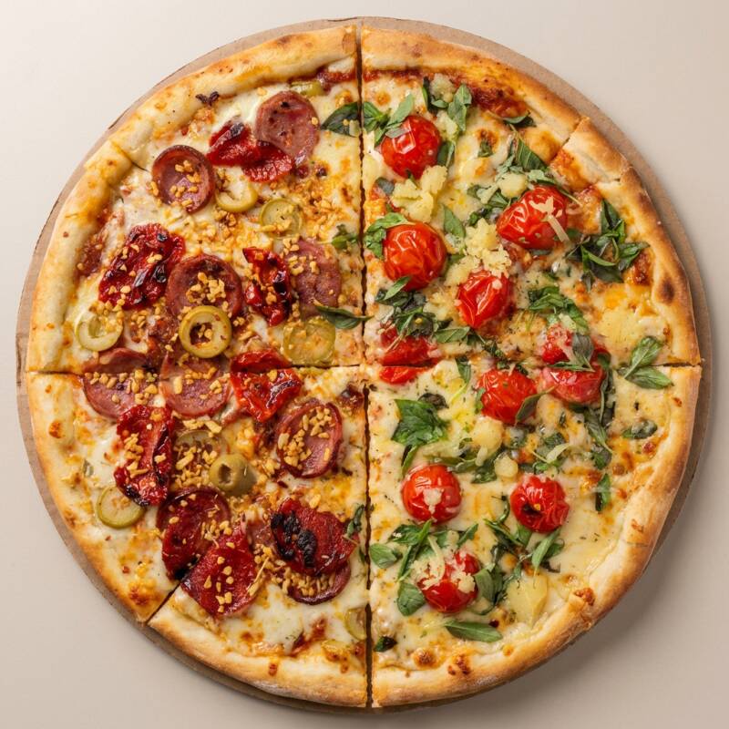 Pizza pequena com 4 fatias - Massa de longa fermentação , molho de tomate especial e ingredientes selecionados. Cada pizza é preparada com o mais alto padrão de qualidade para garantir sabor, leveza e uma experiência única.