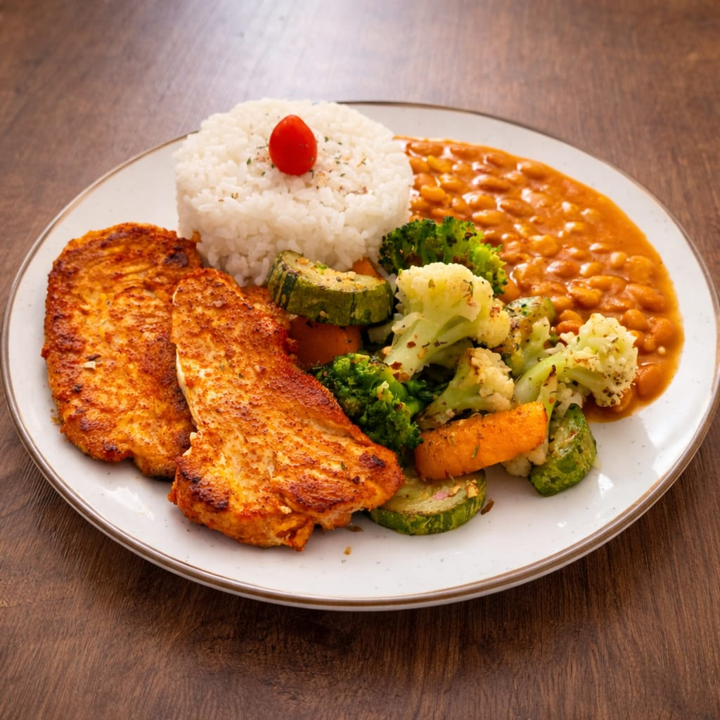 Filé de frango grelhado acompanhado de arroz soltinho, feijão caseiro e mix de legumes grelhados fresquinhos. Prato leve, saboroso e na medida certa para matar a fome sem pesar!