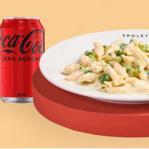 Um cremoso penne coberto com o molho de queijos, refogado ao azeite, alho refogado, brócolis e o sabor inconfundível de queijo gorgonzola, para não deixar ninguém de fora. Acompanha bebida.