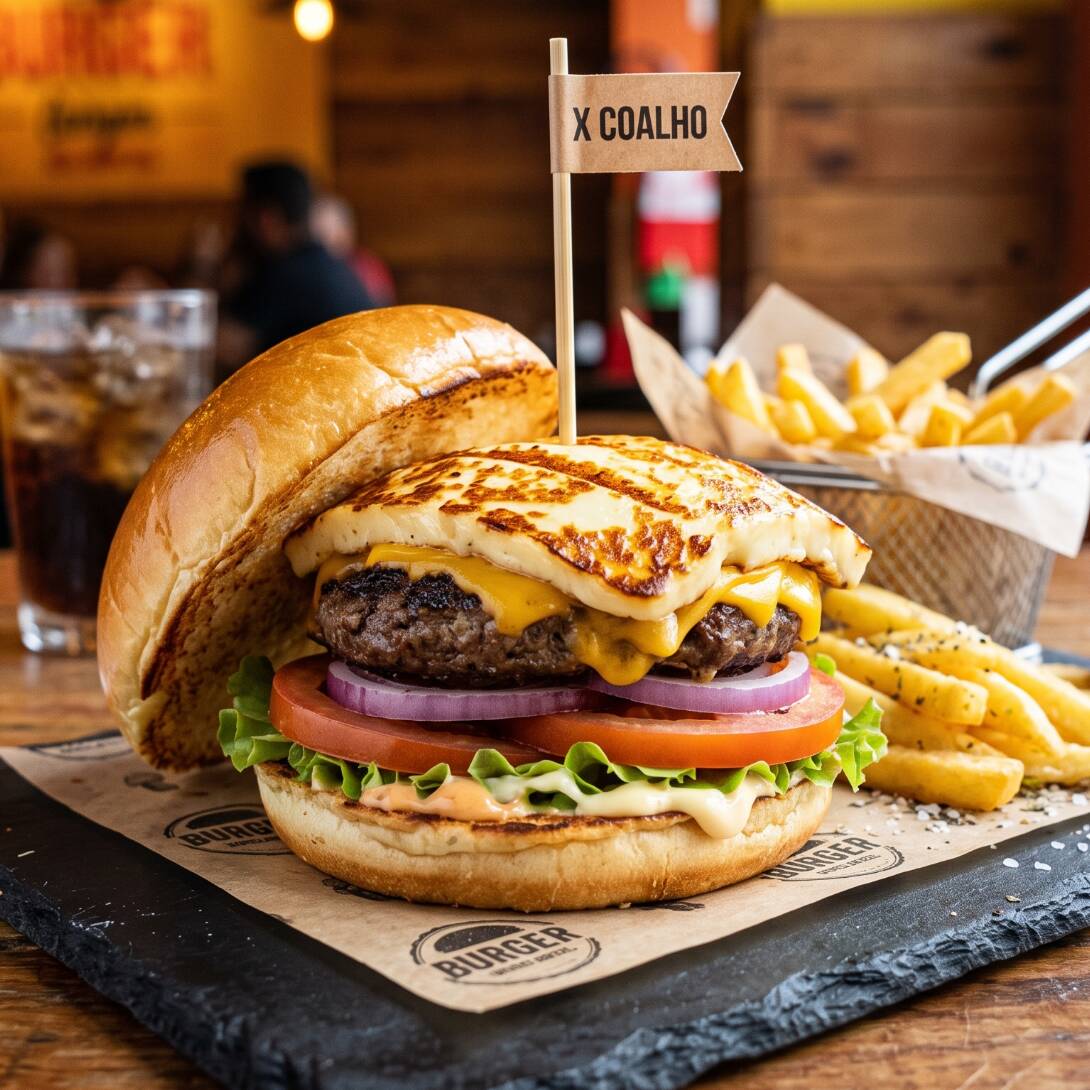 Pão brioche, hamburguer industrial 56g, queijo coalho assado, tomate, alface e uma deliciosa maionese burgaço.