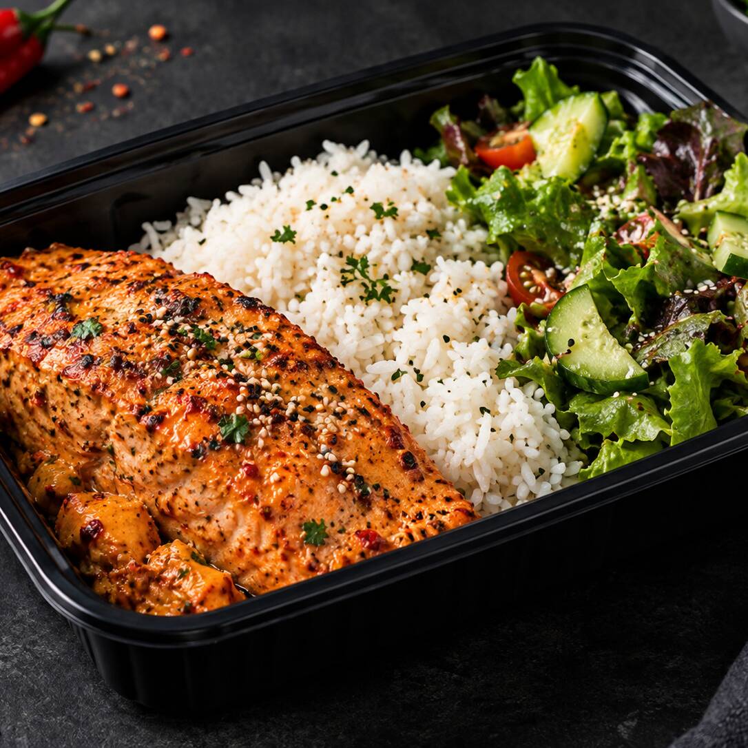 Salmon Spicy con Ensalada Verde y Arroz