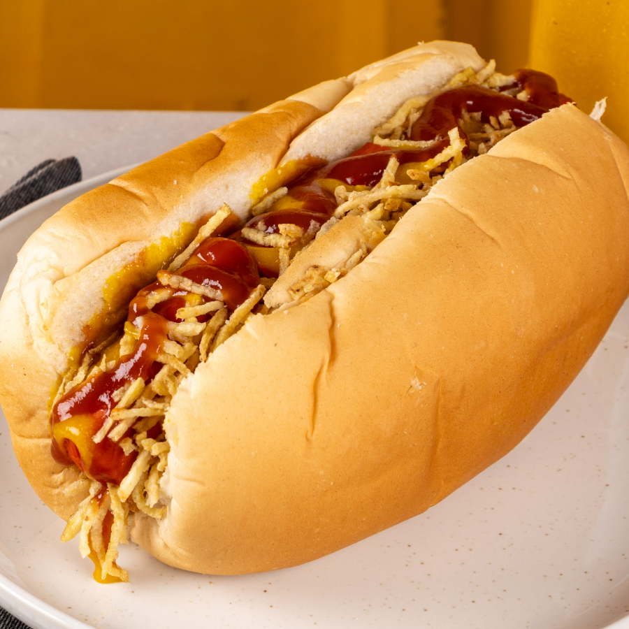 HotDog Pug simples (pão macio, 1 salsicha, katchup, mostarda e batata palha)