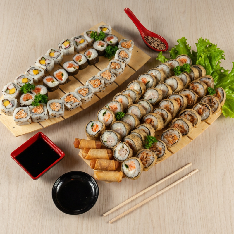 Delicie-se com nossos '60 Rolls', uma oferta especial em nossa categoria 'Promoções'. Este prato inclui uma variedade de sabores que irão satisfazer todos os amantes de sushi: 12 Hot Filadélfia, com seu inconfundível salmão e cream cheese cremoso, 12 Hot Teka Maki, recheados com atum fresco, 12 Uramaki Skin, com seu revestimento exterior único, 12 Califór