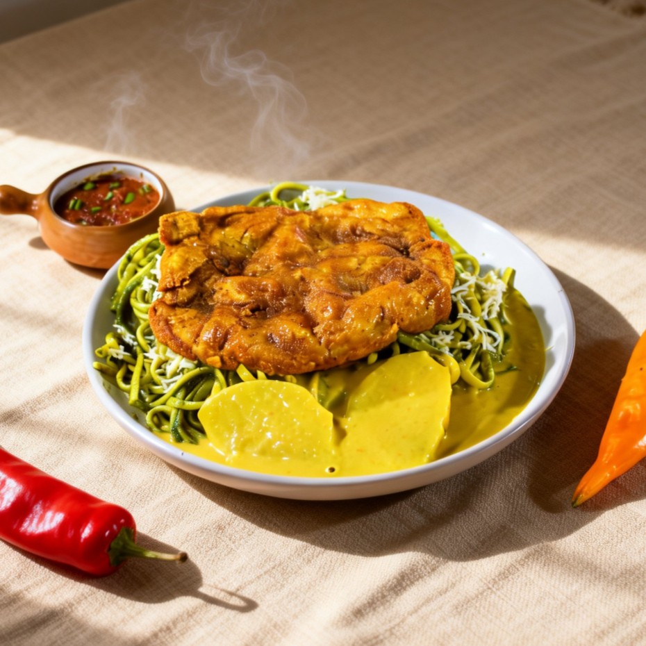 Tallarin Verde con Milanesa y Papa a la Huancaína