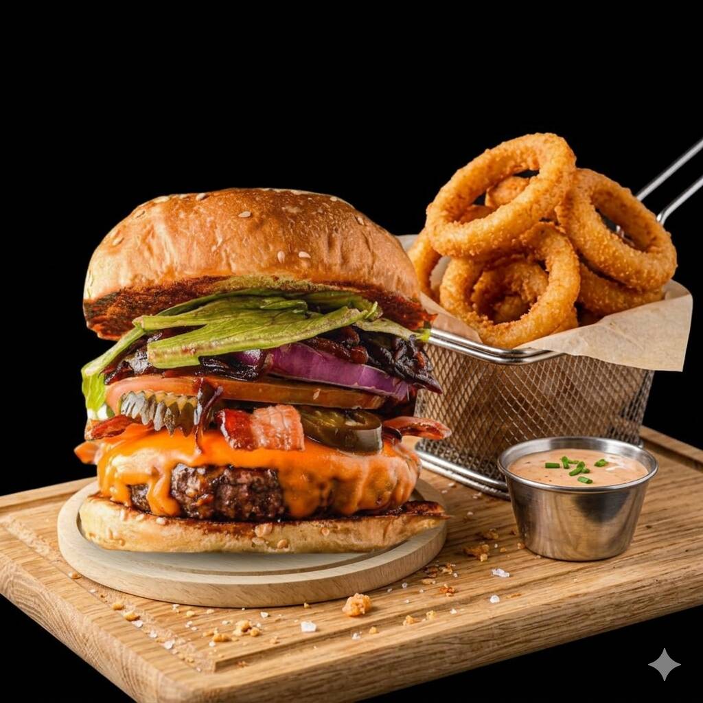 1 Burguer Artesanal + 10 Unidades Cebola Empanada + 1 Refrigente Mini
1 Carne Bovina 90g, Cheddar cremoso, Bacon em cubos, Cebola roxa fresca, Mussarela, Salada Rica e Molho do Chefe.