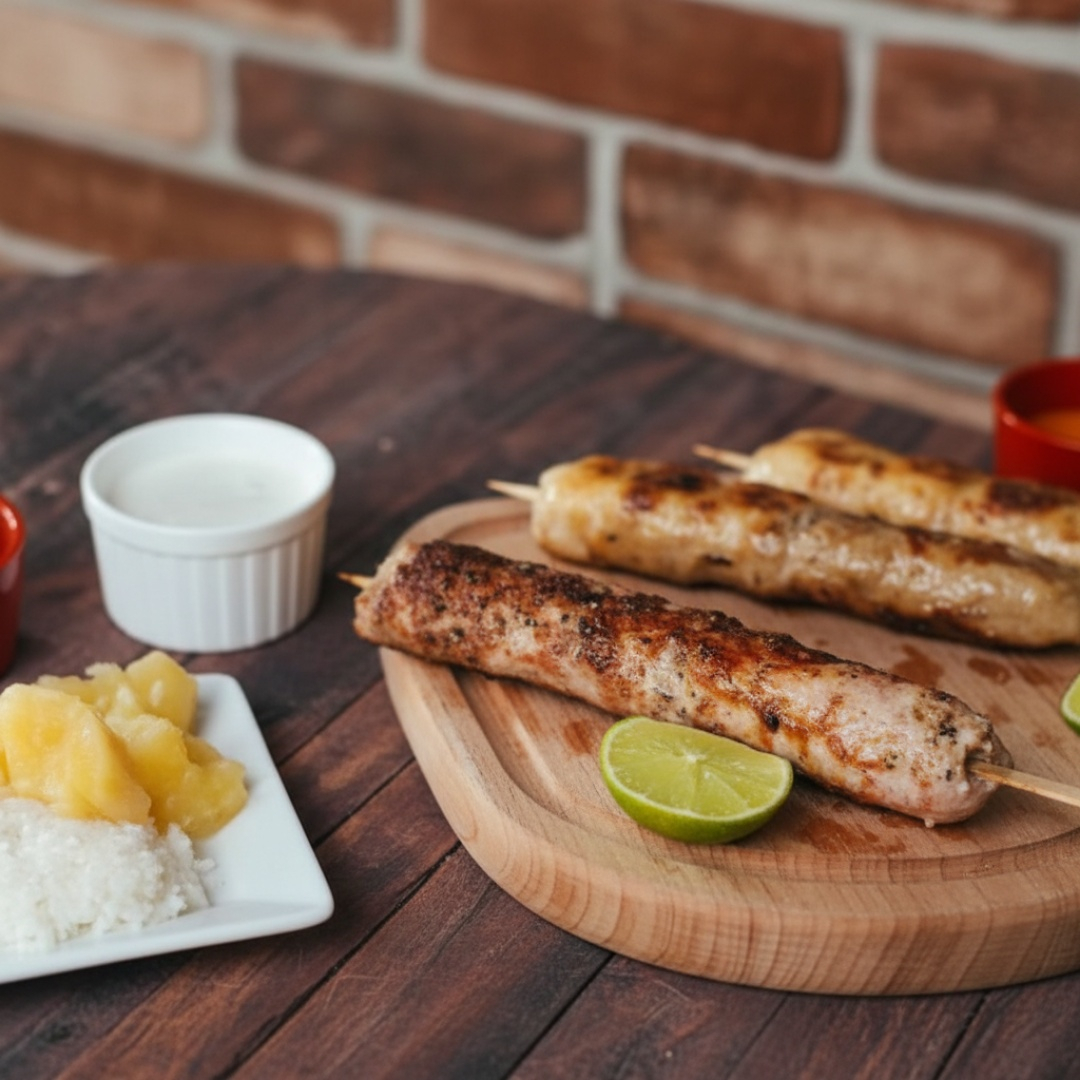 Nosso espeto de Cuiabana de Frango traz a linguiça artesanal recheada com queijo coalho, grelhada na brasa até atingir o ponto perfeito. É a explosão de sabor do queijo com a leveza do frango
