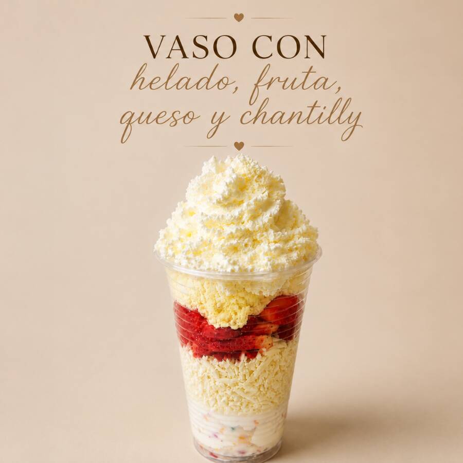 Vaso con Helado, Fruta, Queso y Chantilly