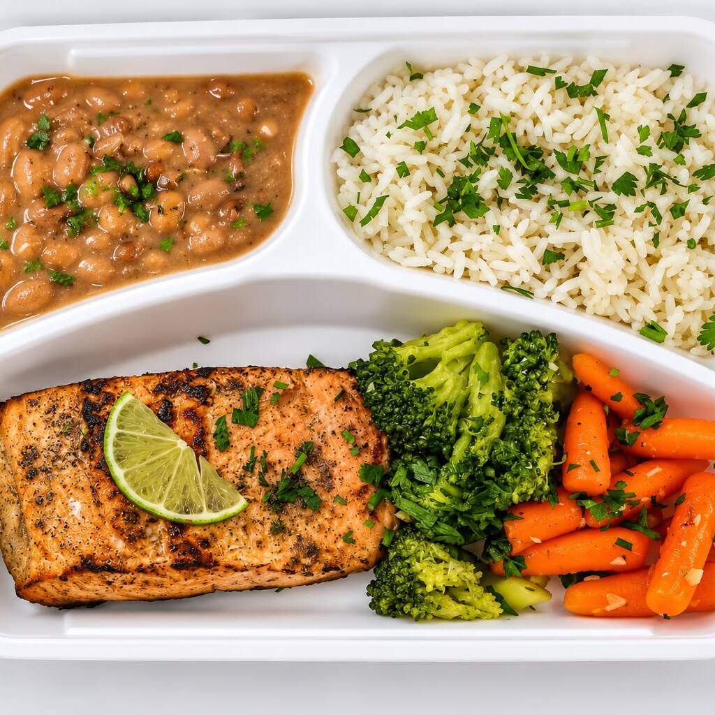 140 g de salmão grelhado, 130 g de arroz, 80 g de feijão e 100 g de legumes. Uma refeição equilibrada e saborosa, para uma alimentação completa no Dia a Dia. ≈ 610 kcal | ≈ 39 g de proteína.