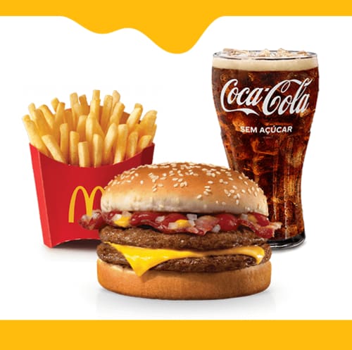 Dois deliciosos hambúrgueres de carne 100% bovina, queijo derretido e irresistíveis fatias de bacon, McFritas média e bebida